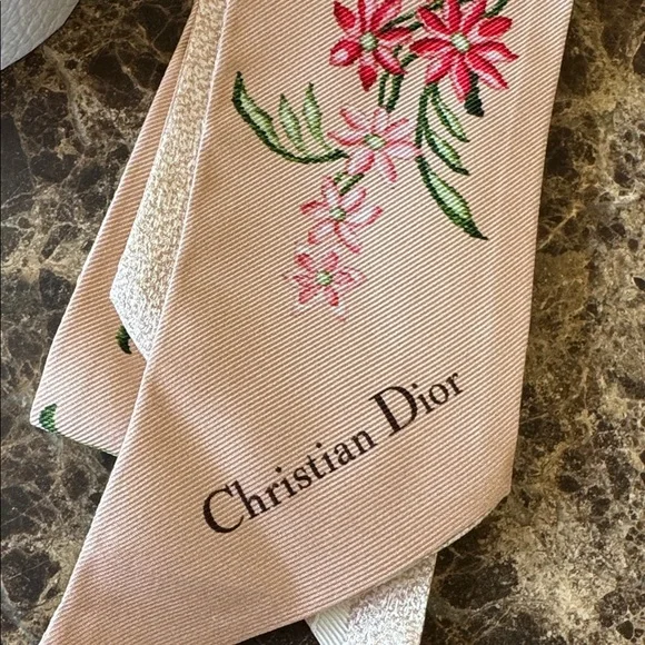 Christian Dior twilly logo floral dusty rose pink neck tie or bag handle scarf - Picture 2 of 7